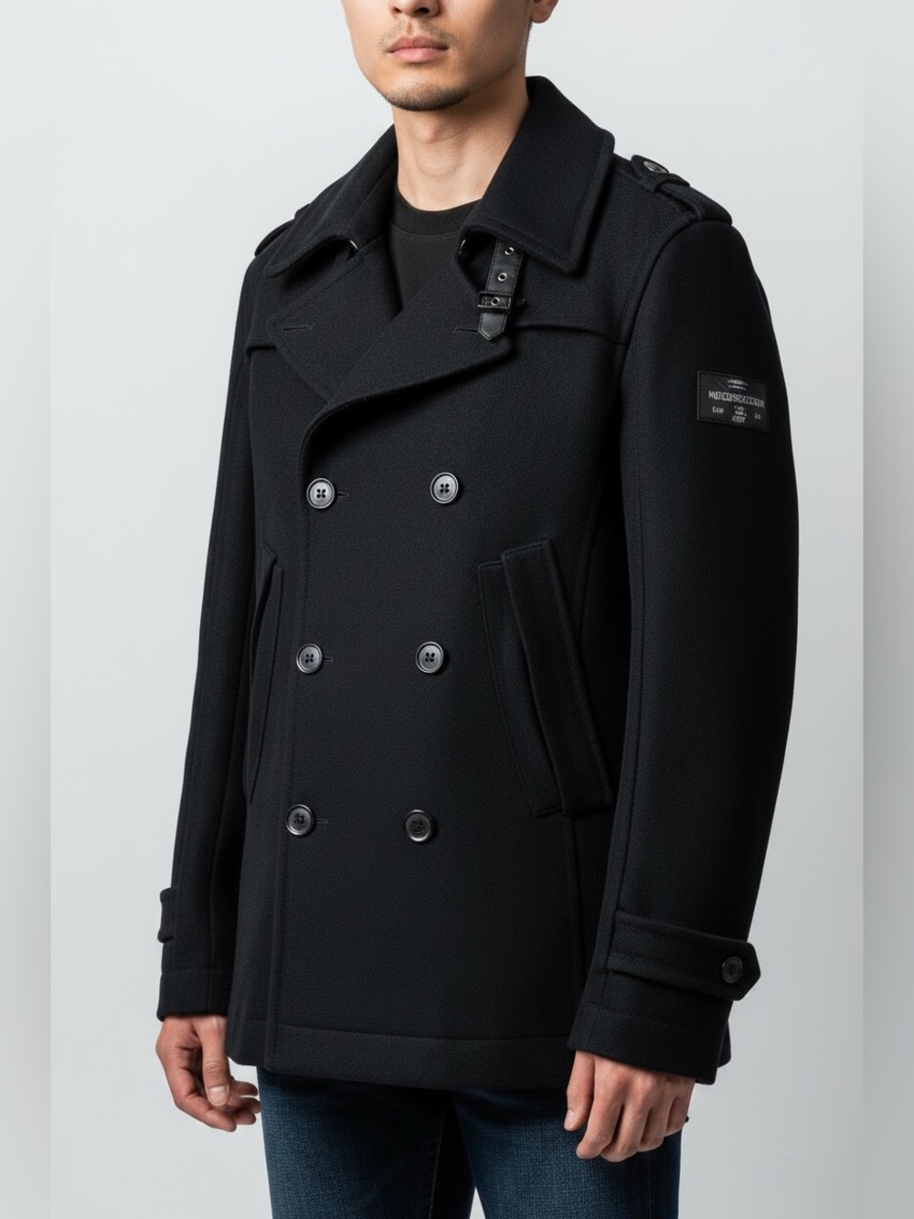 Diesel Black Double-Breasted Peacoat with Epaulets Medium